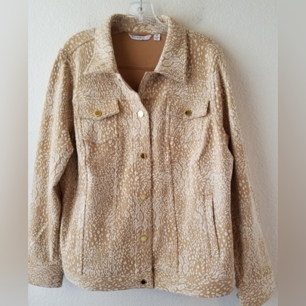 Isaac Mizrahi Live Tan Print Snap Front Jacket 3X